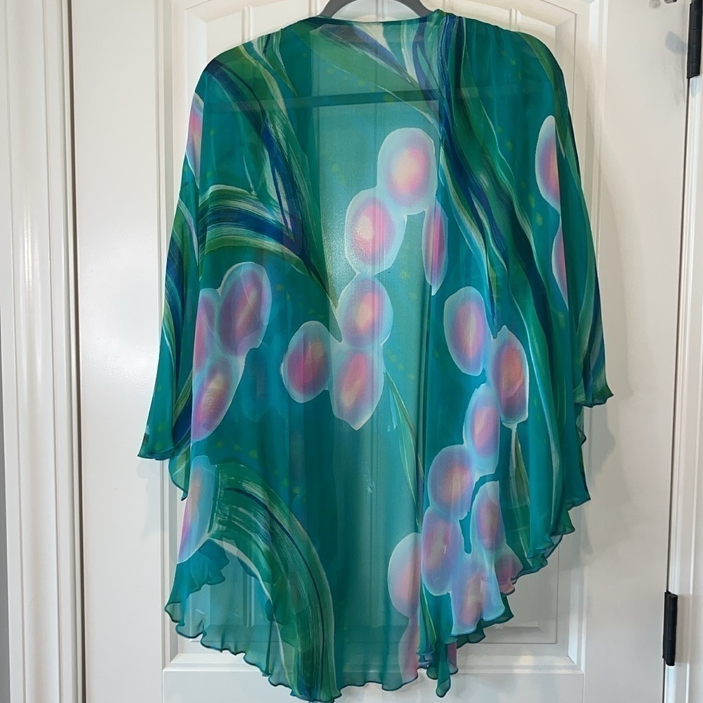 Multi piece Yolanda Lorente teal silk hand painted top skirt and topper size M - Picture 3 of 15
